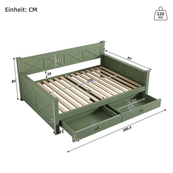 Litteä sänky 90x200 cm latte ruosteella (ilman patjaa) – 2 laatikkoa, minimalistinen, mänty, puu, vihreä