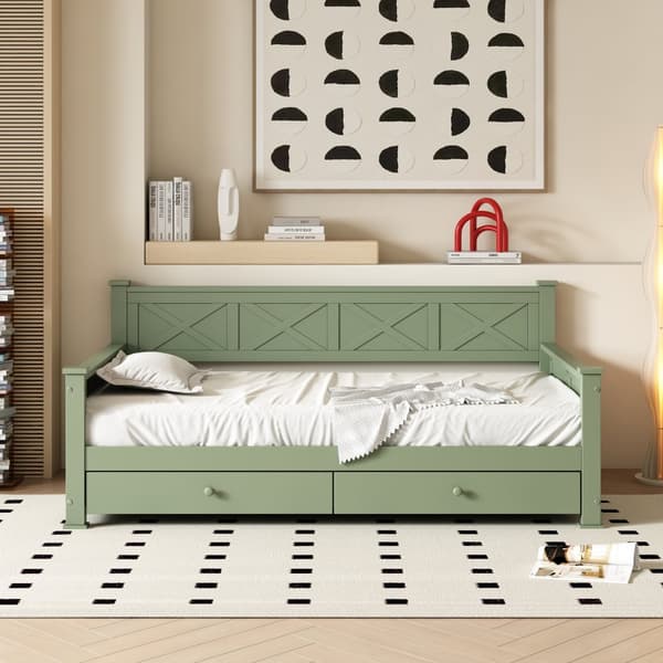 Litteä sänky 90x200 cm latte ruosteella (ilman patjaa) – 2 laatikkoa, minimalistinen, mänty, puu, vihreä