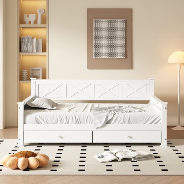 Tasainen sänky 90x200 cm latenruosteella (ilman patjaa) – 2 laatikkoa, minimalistinen, mänty, puu, valkoinen