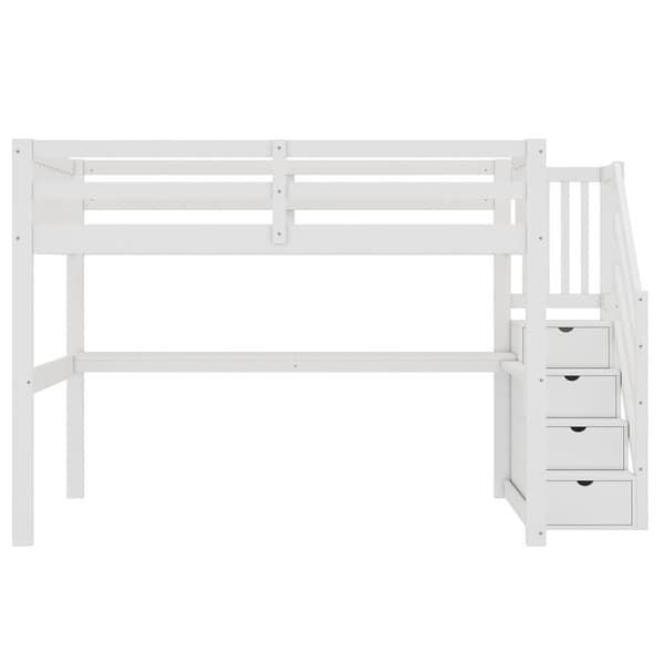 Højseng 140x200 cm, Tremmeseng med opbevaringsskuffer og skrivebord under sengen, Hvid
