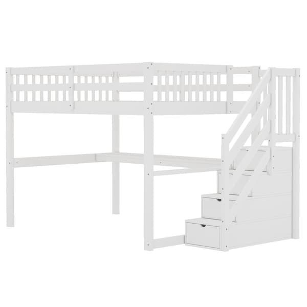 Højseng 140x200 cm, Tremmeseng med opbevaringsskuffer og skrivebord under sengen, Hvid