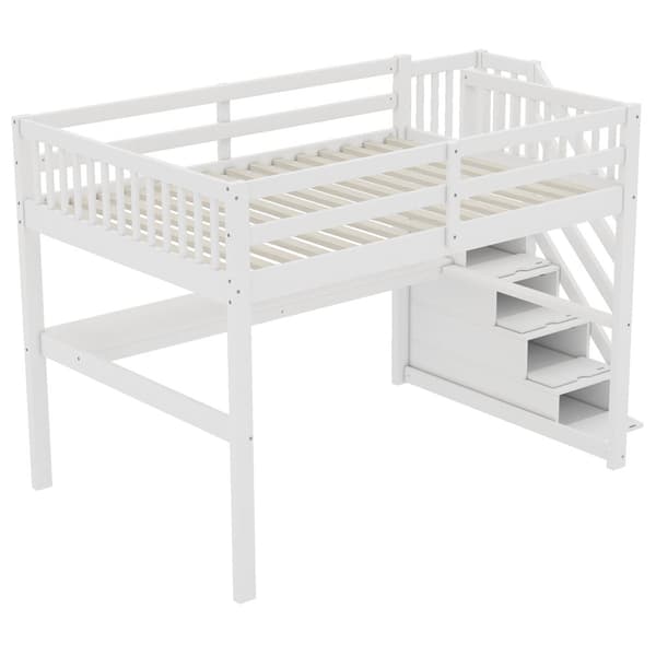 Højseng 140x200 cm, Tremmeseng med opbevaringsskuffer og skrivebord under sengen, Hvid