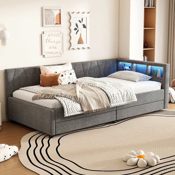 Daybett, 90x200cm, Sohvakärki USB+Type C, LED-valo kaukosäätimellä, kaksi laatikkoa, Lattenrust (ilman patjaa), Leinen, Harmaa