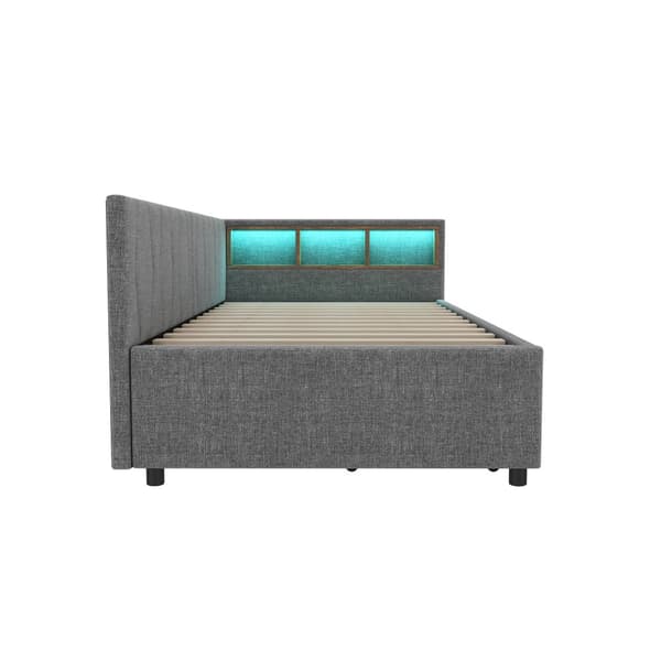 Daybett, 90x200cm, Sohvakärki USB+Type C, LED-valo kaukosäätimellä, kaksi laatikkoa, Lattenrust (ilman patjaa), Leinen, Harmaa