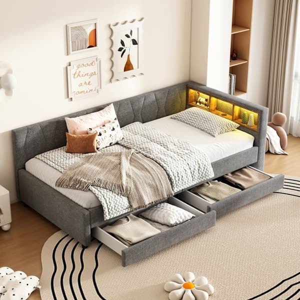 Daybett, 90x200cm, Sohvakärki USB+Type C, LED-valo kaukosäätimellä, kaksi laatikkoa, Lattenrust (ilman patjaa), Leinen, Harmaa
