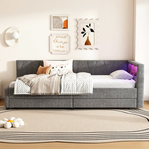 Daybett, 90x200cm, Sohvakärki USB+Type C, LED-valo kaukosäätimellä, kaksi laatikkoa, Lattenrust (ilman patjaa), Leinen, Harmaa