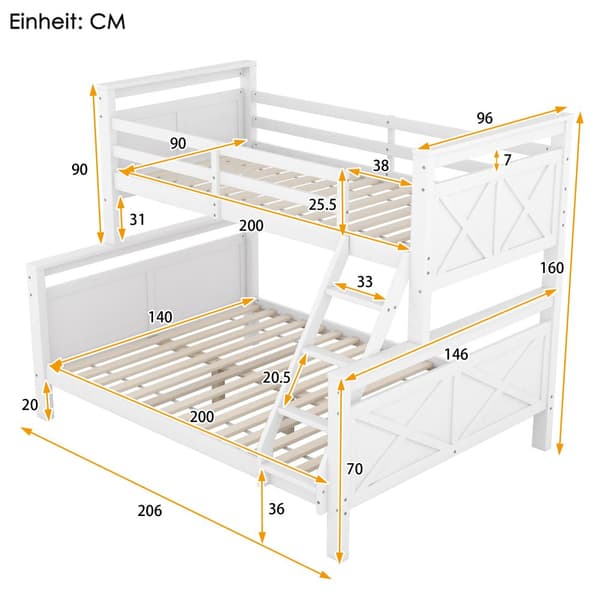 Etägenbett mit Leiter und Sicherheitsgeländer, umbaubar in 2 Betten, Holzbett für Kinder, 90(140)x200cm, Weiß