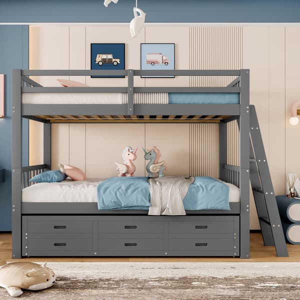 Etagen kuolain 90x200cm, Haus kuolain lapsille Leiterin kanssa, 3 Schubladen, aus Kiefernholz & MDF, ausziehbares Bett, Grau