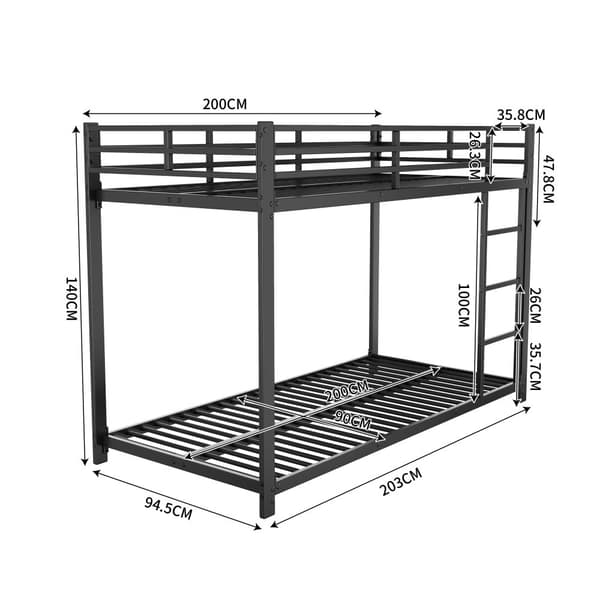90x200 cm Kinderetagenbett, Klassisches Eisenbetten, Schwarz, Etagenbett aus Eisen