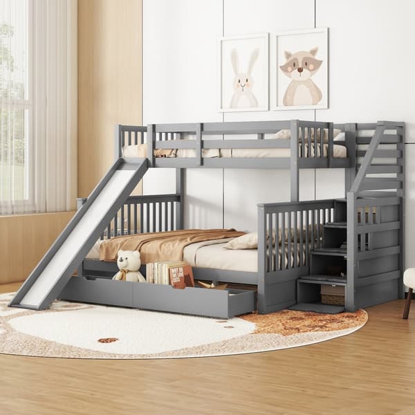 Etagenbett 90x200/140x200, Mit Schubladen, Stauraum und Rutsche, Monikäyttöinen, Grau
