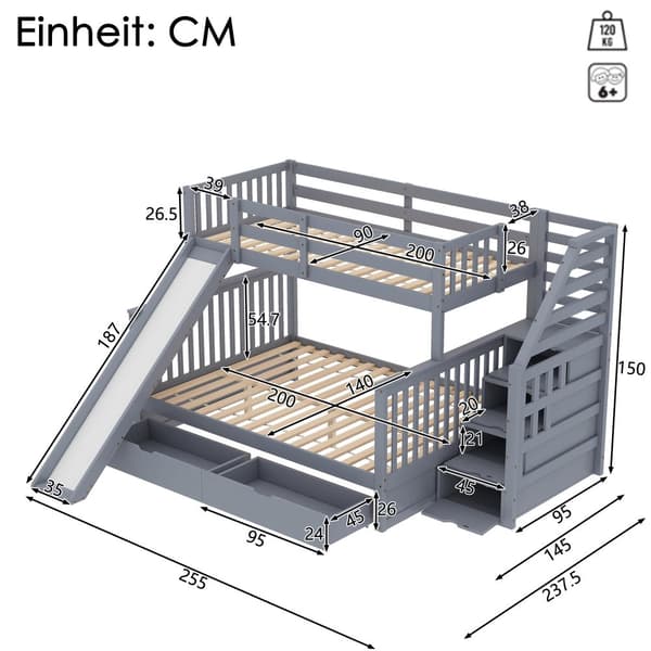 Etagenbett 90x200/140x200, Mit Schubladen, Stauraum und Rutsche, Monikäyttöinen, Grau
