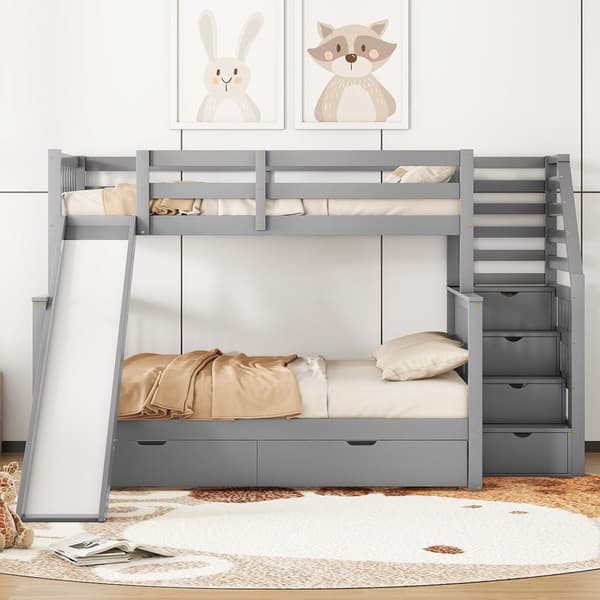 Etagenbett 90x200/140x200, Mit Schubladen, Stauraum und Rutsche, Monikäyttöinen, Grau