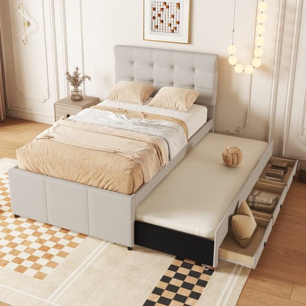 Pehmustettu kuolain 90x200cm, Familienbett mit 3 Schubladen, ausziehbares Rollbett, verstellbares Kopfteil, Beige