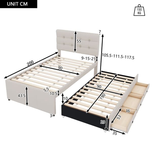 Pehmustettu kuolain 90x200cm, Familienbett mit 3 Schubladen, ausziehbares Rollbett, verstellbares Kopfteil, Beige