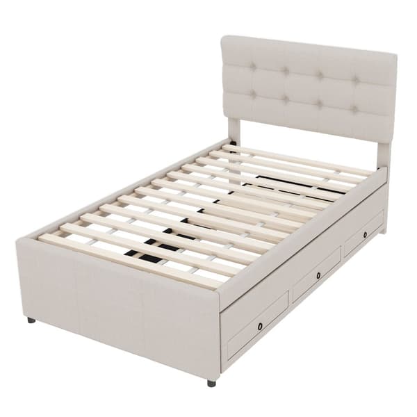 Pehmustettu kuolain 90x200cm, Familienbett mit 3 Schubladen, ausziehbares Rollbett, verstellbares Kopfteil, Beige
