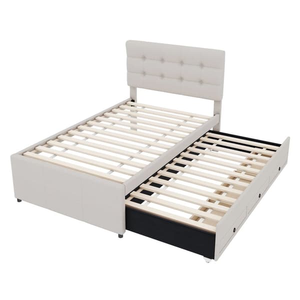 Pehmustettu kuolain 90x200cm, Familienbett mit 3 Schubladen, ausziehbares Rollbett, verstellbares Kopfteil, Beige