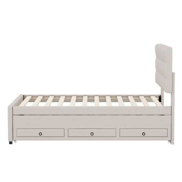 Pehmustettu kuolain 90x200cm, Familienbett mit 3 Schubladen, ausziehbares Rollbett, verstellbares Kopfteil, Beige