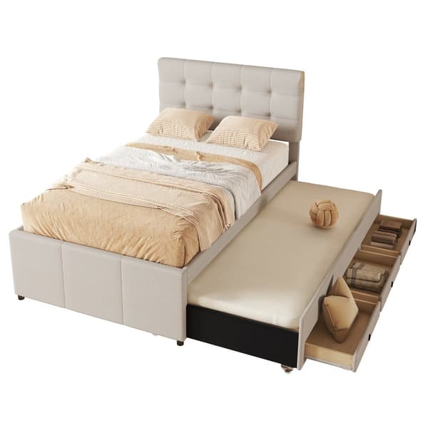 Pehmustettu kuolain 90x200cm, Familienbett mit 3 Schubladen, ausziehbares Rollbett, verstellbares Kopfteil, Beige