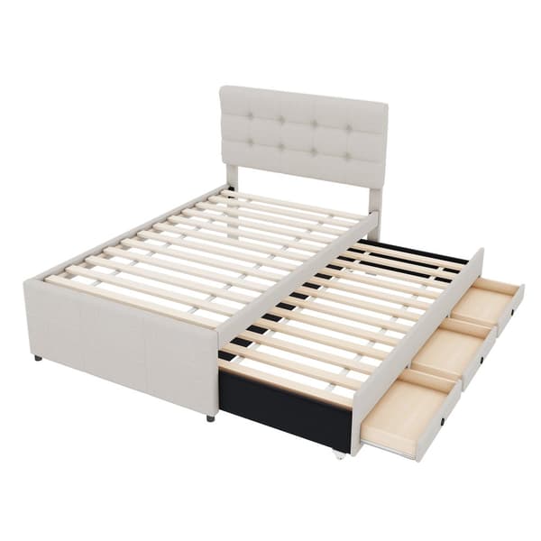 Pehmustettu kuolain 90x200cm, Familienbett mit 3 Schubladen, ausziehbares Rollbett, verstellbares Kopfteil, Beige
