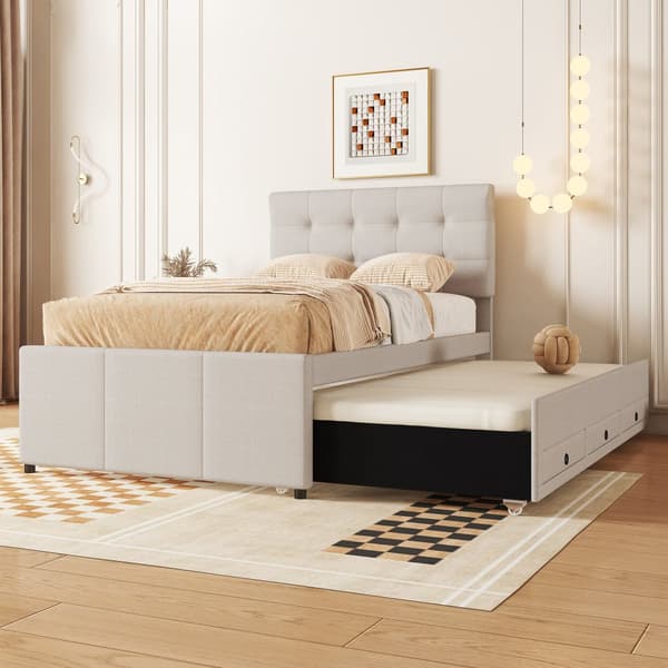Pehmustettu kuolain 90x200cm, Familienbett mit 3 Schubladen, ausziehbares Rollbett, verstellbares Kopfteil, Beige