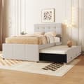 Pikkukuva 2 / 11: Pehmustettu kuolain 90x200cm, Familienbett mit 3 Schubladen, ausziehbares Rollbett, verstellbares Kopfteil, Beige