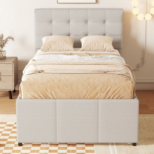 Pehmustettu kuolain 90x200cm, Familienbett mit 3 Schubladen, ausziehbares Rollbett, verstellbares Kopfteil, Beige