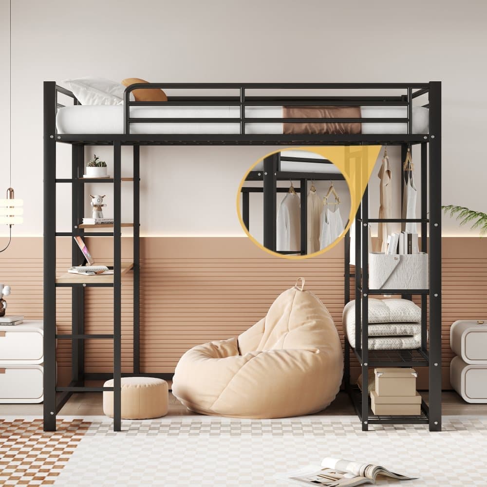 Loftsäng i metall 140 x 200 cm - med bord och hyllor - svart