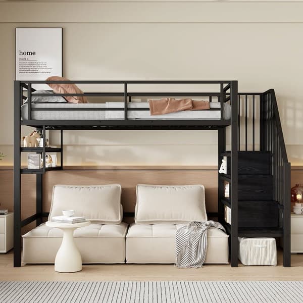 Loftsäng 90x200 cm – med hyllor, förvaringsstege och räcke, plats under sängen – svart