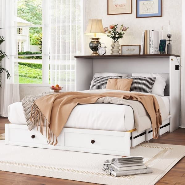 Utdragbar träbädd 140 x 200 cm - med USB-portar och förvaringsutrymme - vit