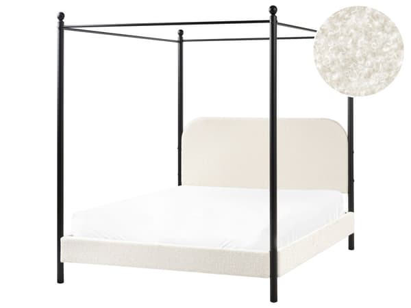 Himmelseng Hvid Bouclé 140 x 200 cm Moderne Trekvart Juniorseng Baldakin Halvandenmandsseng Høj Sengeramme Minimalistisk Design Metalseng