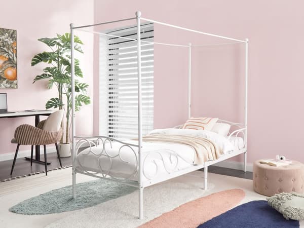 Enkeltseng Hvid Metal 90 x 200 Enkeltmandsseng Teenageseng Pige Seng Moderne Himmelseng Sengeramme Metalseng