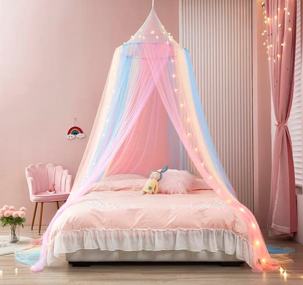 Lollanda Regnbåge Myggnät Barnrum, Gardiner inomhus - Lektält Princess Sovrumsdekoration Myggnät  – 60x250x1250 cm, Rund Kupol