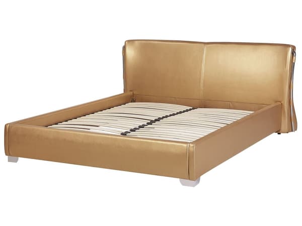 Dubbelsäng 180 x 200 cm Guld Läder Sängram Ribbotten Modern Sovrum