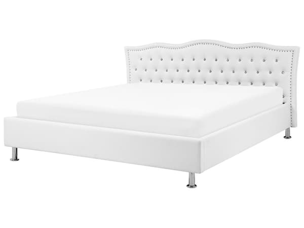 Dubbelsäng Vit Konstläder 180 x 200 cm Sängram med Förvaring Dekorativ Huvudgavel