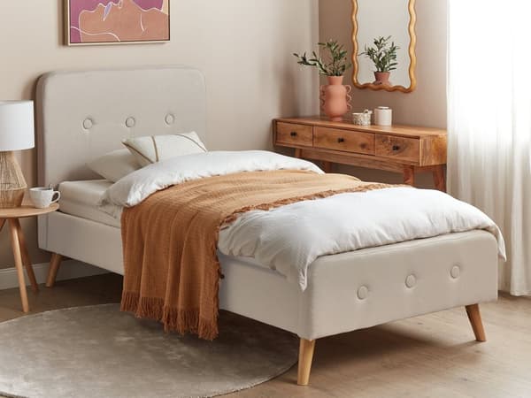 Säng Beige Polyester Tyg Klädd Sängram Träben 90 x 200 cm Modern Design