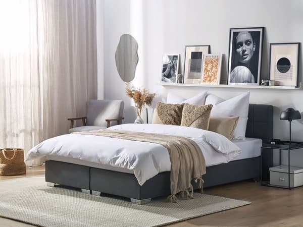 Dubbelsäng 160 x 200 cm Divansäng Grå Tyg Klädd Ram med Tuftad Huvudgavel och Madrass
