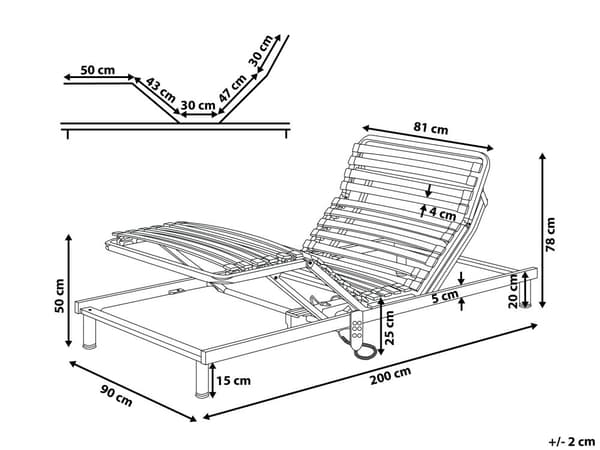 Sälepohja 90 x 200 cm elektronisesti säädettävä 26 säle koivu teräsrunko