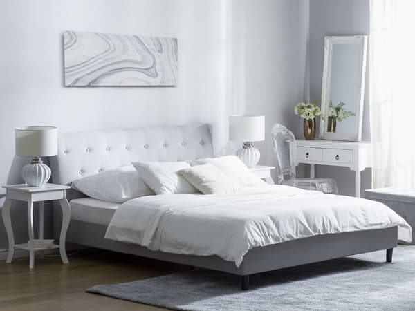 Parisänky vaaleanharmaa 228 x 197 x 100 cm kangasverhoilu eukalyptuspuu sälepohja napitettu