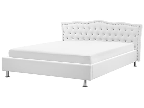Parisänky valkoinen keinonahka 180 x 200 cm sälepohja verhoilunaula koristekristallit glamour retro
