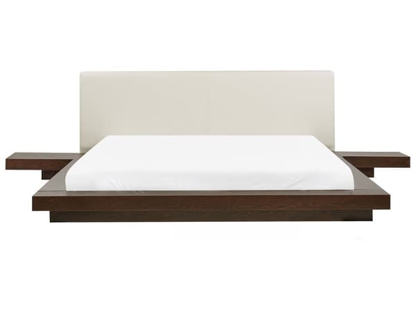 Parisänky tumma MDF-levy 180 x 200 cm sälepohja yöpöydät valkoinen keinonahka sängynpääty matala moderni tyyli
