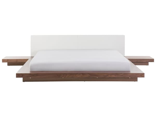 Parisänky ruskea MDF-levy 180 x 200 cm sälepohja yöpöydät valkoinen keinonahka sängynpääty matala moderni tyyli