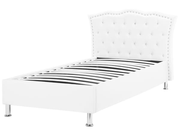 Sänky valkoinen keinonahka 90 x 200 cm sälepohja säilytystila verhoilunaula koristekristallit glamour retro