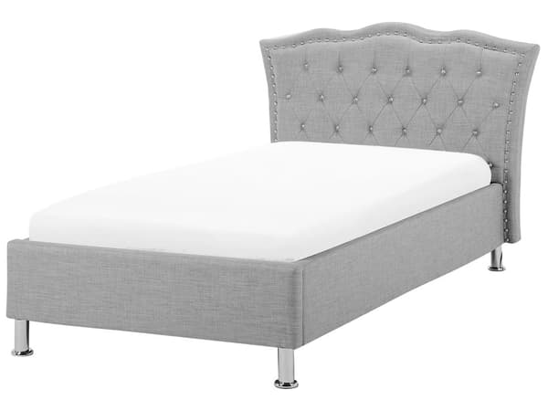 Sänky vaaleanharmaa kangas 90 x 200 cm sälepohja säilytystila verhoilunaula koristekristallit glamour retro