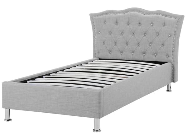 Sänky vaaleanharmaa kangas 90 x 200 cm sälepohja säilytystila verhoilunaula koristekristallit glamour retro
