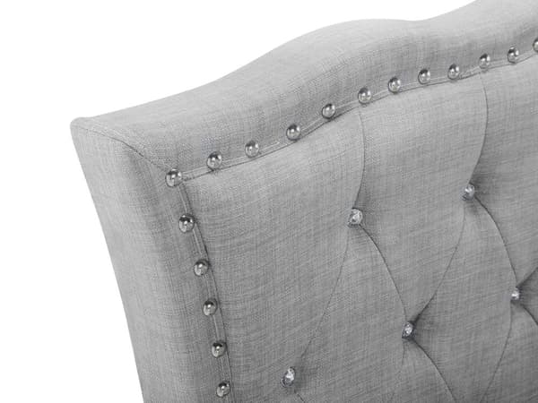 Sänky vaaleanharmaa kangas 90 x 200 cm sälepohja säilytystila verhoilunaula koristekristallit glamour retro