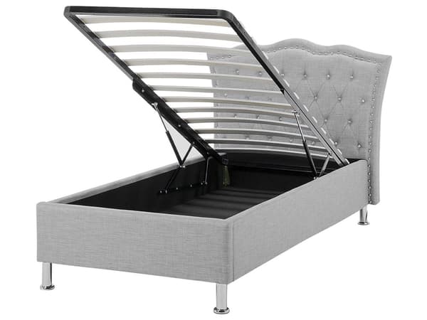 Sänky vaaleanharmaa kangas 90 x 200 cm sälepohja säilytystila verhoilunaula koristekristallit glamour retro
