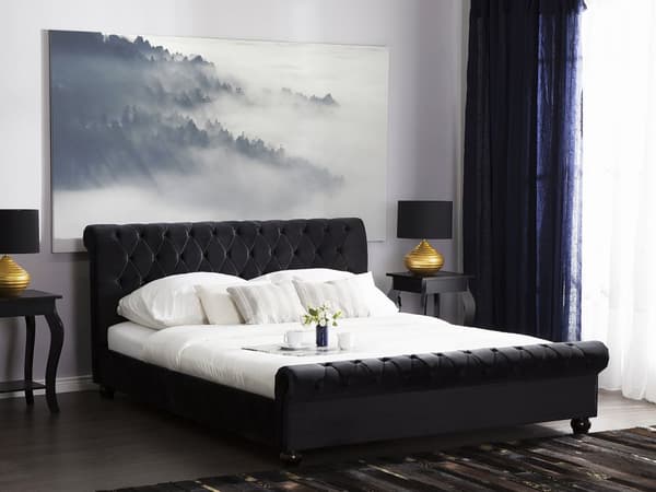 Parisänky musta 180 x 200 cm sametti sälepohja napitettu timanttitikkaus glamour