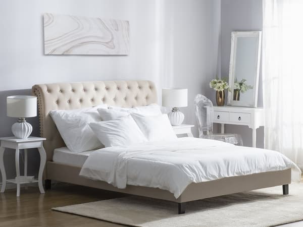 Dubbelsäng Beige 180 x 200 cm Tuftad Huvudgavel Glam Sängram Vintage