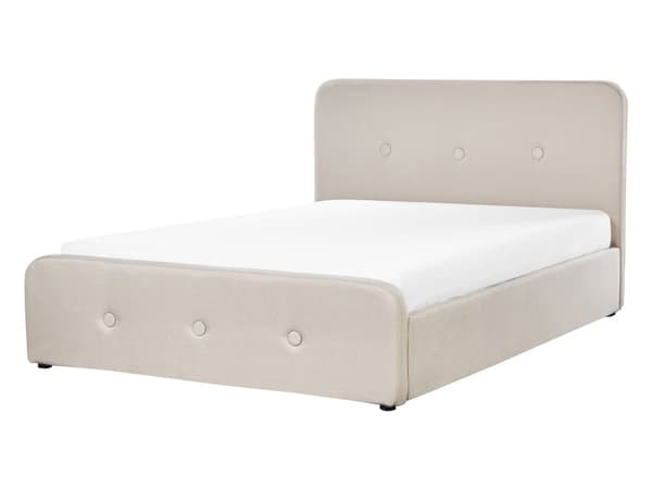 Dubbelsäng Beige Polyester Tyg Klädd Sängram med Förvaring Träben 140 x 200 cm Modern Design