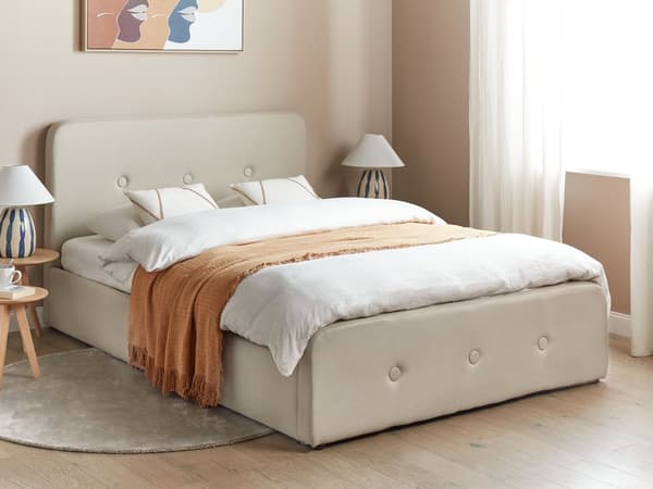 Dubbelsäng Beige Polyester Tyg Klädd Sängram med Förvaring Träben 140 x 200 cm Modern Design